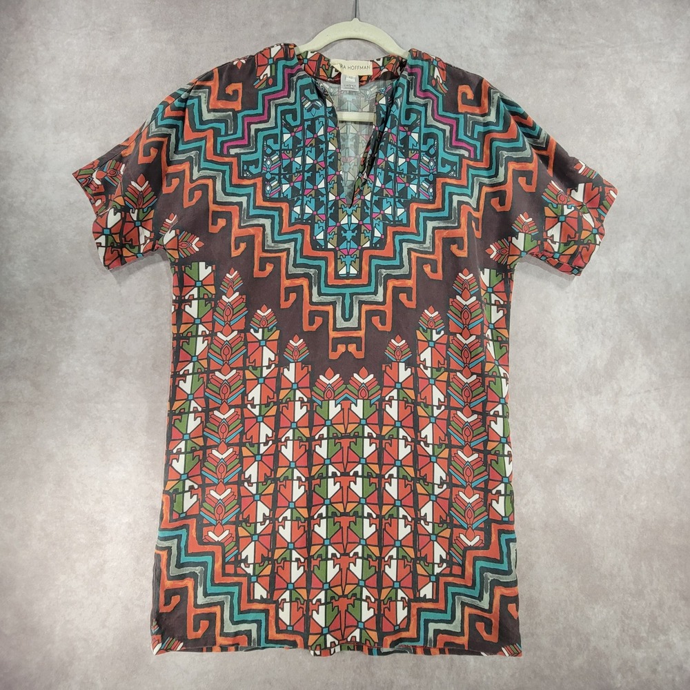 Mara Hoffman Womens XS Geometric Tribal Print Split Neck Shift Mini Dress Brown